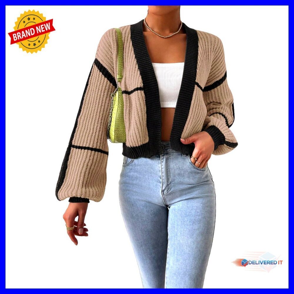 Crop Cardigan Sweater Long Sleeve Open Front Bishop Sleeve Casual Top